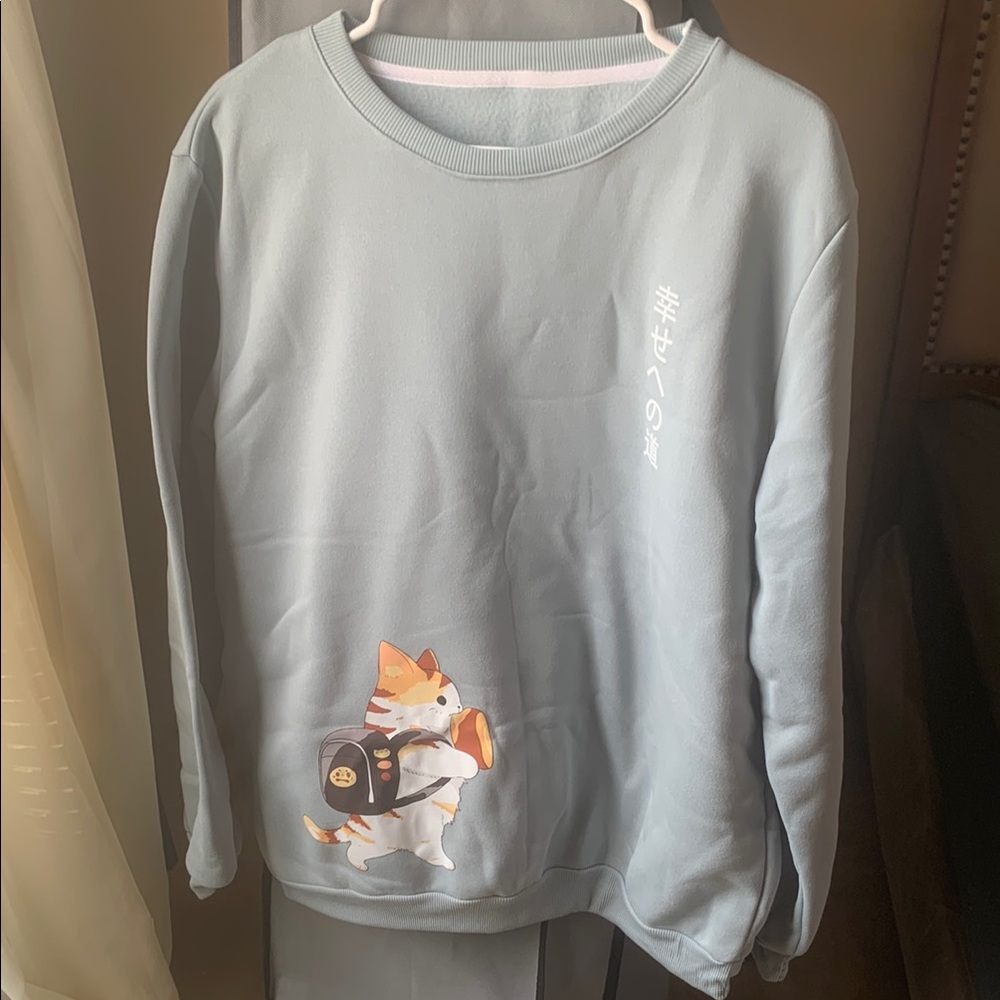 Blue Sweatshirt with Cat Graphic